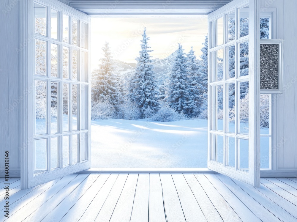 Aufkleber a serene winter landscape viewed through open windows, inviting calm and tranquility.