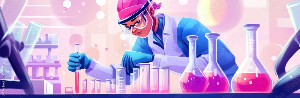 Aufkleber a scientist conducts experiments in a colorful laboratory filled with glassware.
