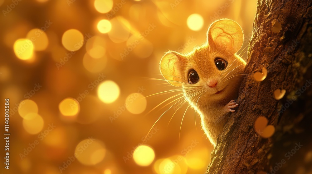 Aufkleber a cute mouse peeking from a tree with a warm, golden bokeh background.