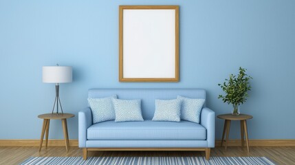 Serene Blue Living Room with Modern Sofa and Artwork