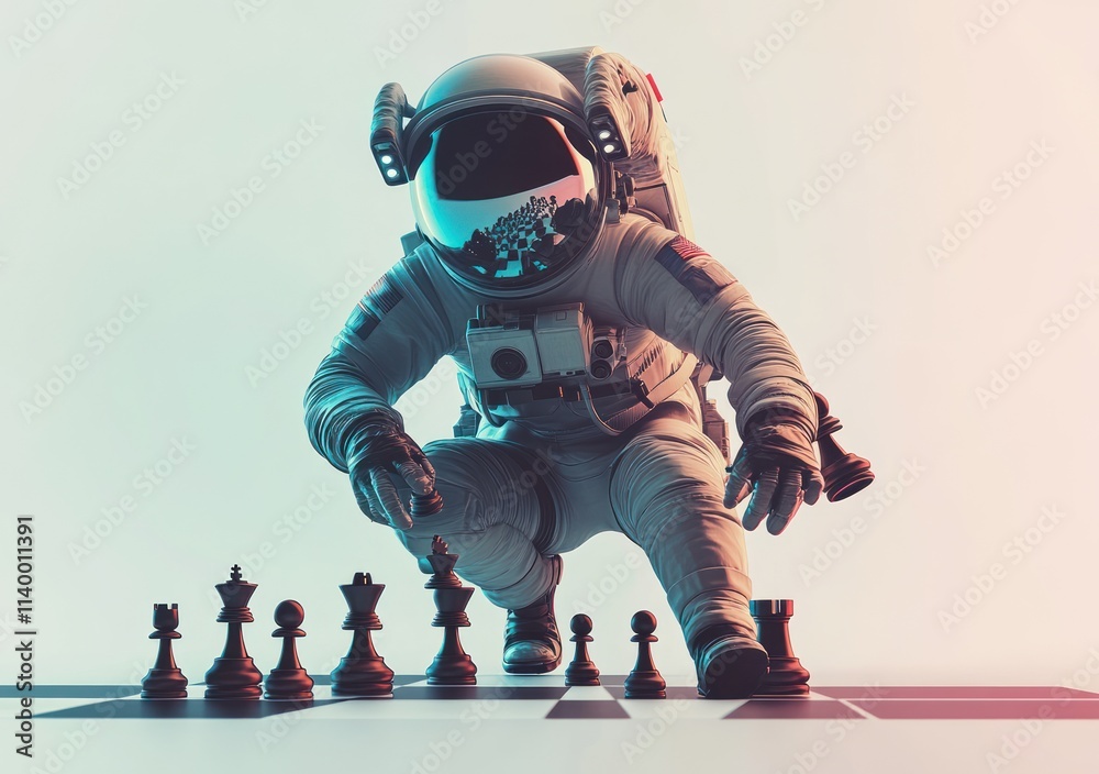 Poster an astronaut kneels beside a chessboard, contemplating a move in a surreal setting.