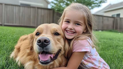 Little girl hugging a golden retriever in a park