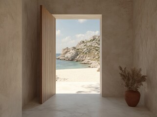 A serene interior view leading to a beach and rocky landscape.