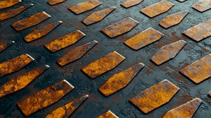 background concept. Rusty metal surface with diamond-patterned texture and worn details.
