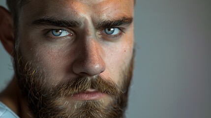 Obraz premium A man with blue eyes and a beard looks directly at the camera.