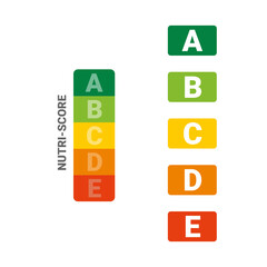 Nutrition score vertical icon set. Nutriscore stickers for packaging. Food grading system signs: A, B, C, D, E.	