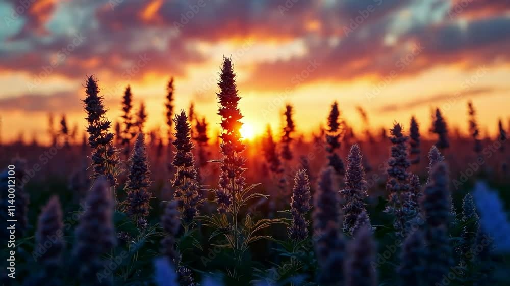 Poster the sun sets over a blooming flower field, casting a warm glow and creating silhouettes against a co