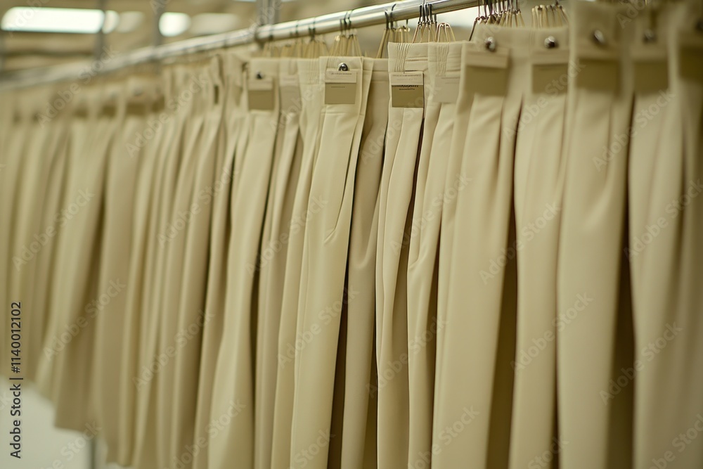 Poster a row of neatly arranged beige trousers hanging on a rack.