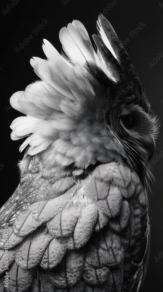 Poster a close-up monochrome image of an owl, showcasing its feathers and profile.