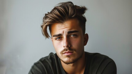 Obraz premium A close up portrait of a young man with light brown hair and a goatee.
