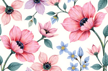 Seamless floral background, pink and blue flowers on white background, good for textile, wall paper, paper craft 