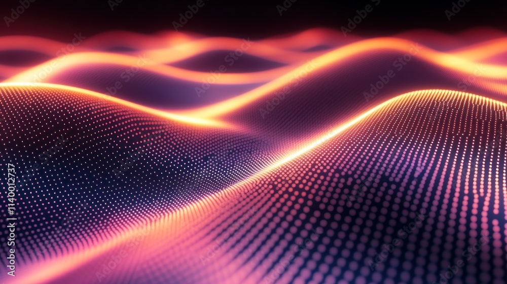 Poster Abstract digital waves with glowing lines and dots, creating a futuristic landscape.