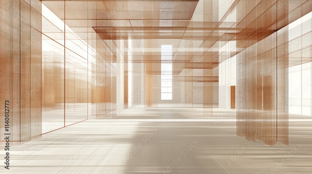 Poster A spacious, abstract interior with layered structures and light filtering through.