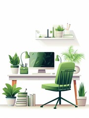 office illustration Vibrant Home Office Setup with Green Accents, Plants, and Modern Technology for Productivity and Serenity