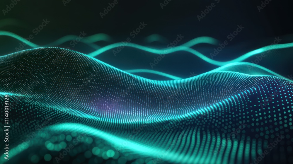 Aufkleber Abstract digital landscape with flowing waves and glowing particles.