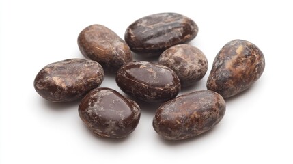 Cacao beans arranged artistically on a white background showcasing their rich texture and natural color for culinary and health-related concepts