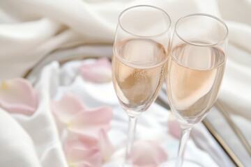 Two champagne glasses filled with champagne on a tray. The tray is covered with pink petals. Scene is celebratory and romantic