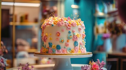 Decorative colorful cake displayed in a showcase surrounded by a vibrant cafe atmosphere with flowers and bright decor