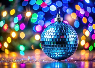 Obraz premium A dazzling blue Christmas bauble, resembling a disco ball, creates festive bokeh against a holiday backdrop.