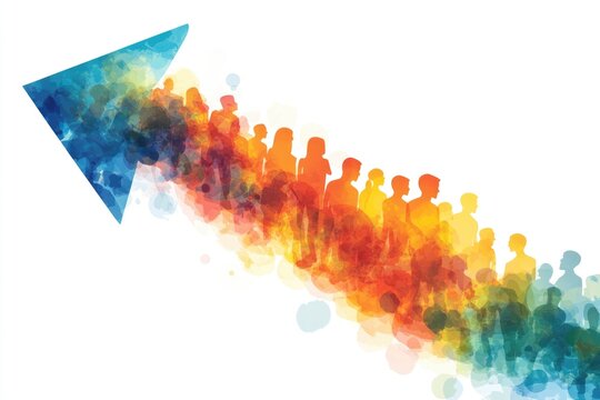 A colorful upward trending arrow symbolizing growth, progress, and a diverse group of people moving forward together.
