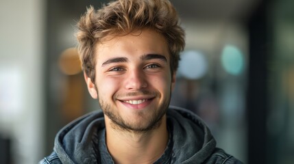 Fototapeta premium A young man with brown hair smiles for the camera.