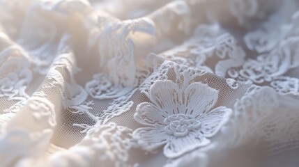 Delicate lace fabric close-up textile art soft lighting indoor setting detailed view of floral patterns