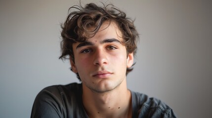 Close-up portrait of a young man with curly hair looking directly at the camera.