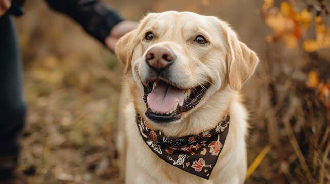 Joyful labrador retriever playing in nature close-up photography autumn environment happy dog concept