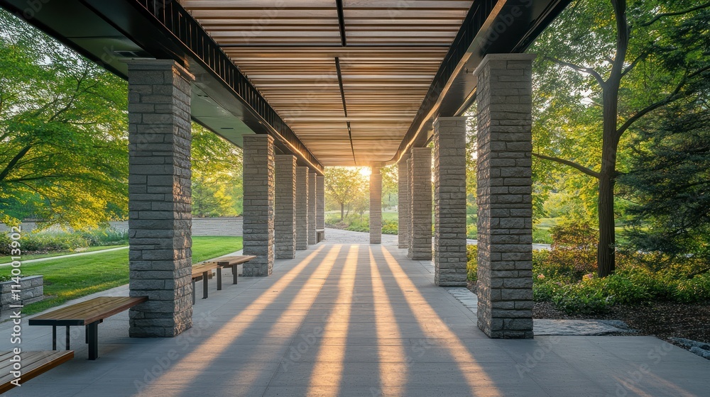Poster A serene pathway with pillars and benches, illuminated by sunlight filtering through trees.