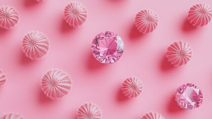 Cactus and Pink Gems Pattern Over Soft Pink Background Top View Decor Style Image