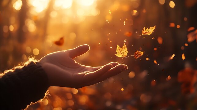 A serene outdoor image with a hand reaching out to catch a delicate leaf as it drifts through the crisp autumn air, glowing golden tones, blurred trees in the background, cinematic realism.