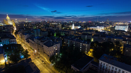 Panoramic view of the building from the roof of center Moscow night timelapse, Russia