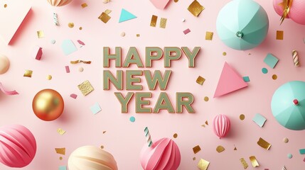 Happy New Year Festive New Year Celebration with Colorful Balloons, Sweets, and Golden Glittery Letters on a Pink Background