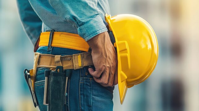 Construction Worker Holding a Yellow Hard Hat