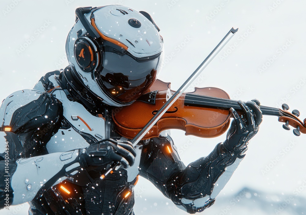 Poster a futuristic robot playing the violin in a snowy landscape.