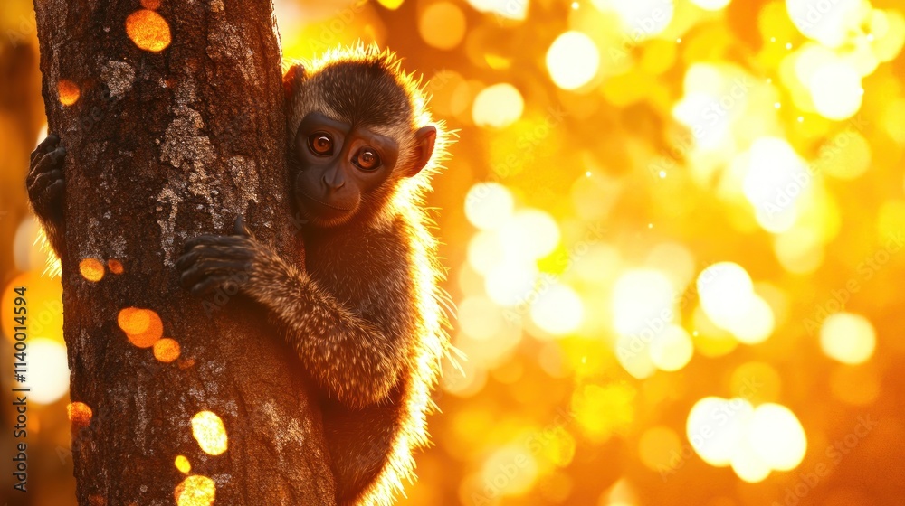 Poster a young monkey clings to a tree, illuminated by warm sunlight and bokeh effects.