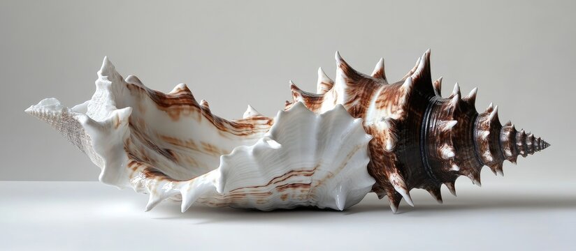 Elegant brown and white murex shell showcasing intricate spikes and curves from the ocean's depths on a neutral background
