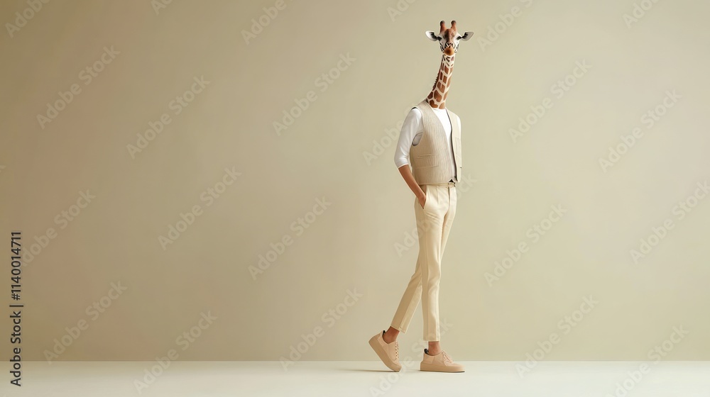 Poster A surreal image of a man with a giraffe's neck walking in a minimalist setting.