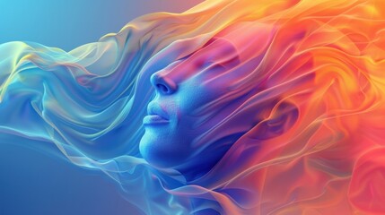 Blue and orange translucent fabric flowing and wrapping around a woman's face, creating a vibrant and artistic visual representation of data flow and information processing