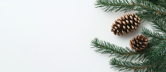 Obraz premium Fir tree branch with cones on a clean white background showcasing natural textures and holiday spirit in a minimalist composition