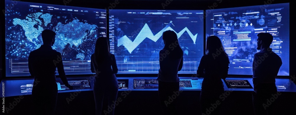 Aufkleber A group of people observing data visualizations on large screens in a tech environment.