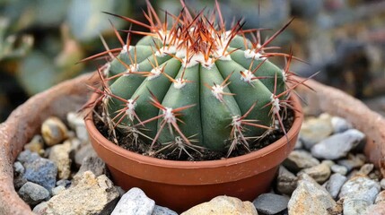 Close-up of a spiky cactus in a terracotta pot surrounded by decorative stones showcasing a vibrant desert plant environment.