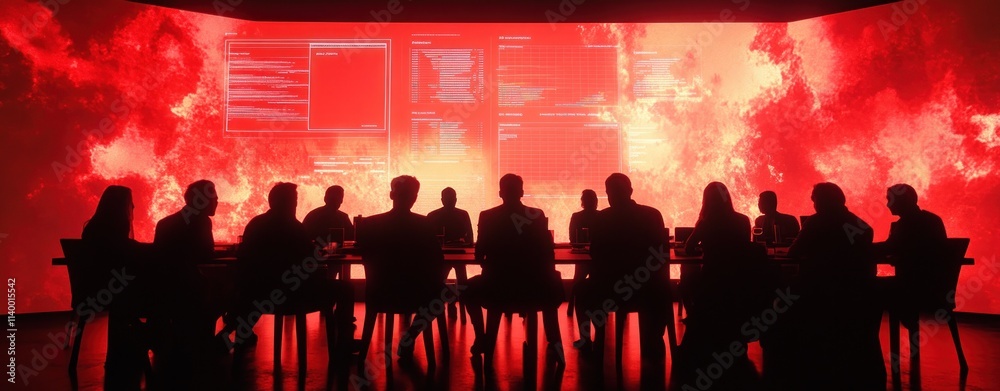 Poster a group of individuals in silhouette, gathered around a table with a fiery backdrop.