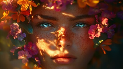 A surreal portrait where tropical flowers in vibrant colors frame a person’s face like a radiant crown, intricate floral textures illuminated by warm sunlight, hd quality, cinematic realism.