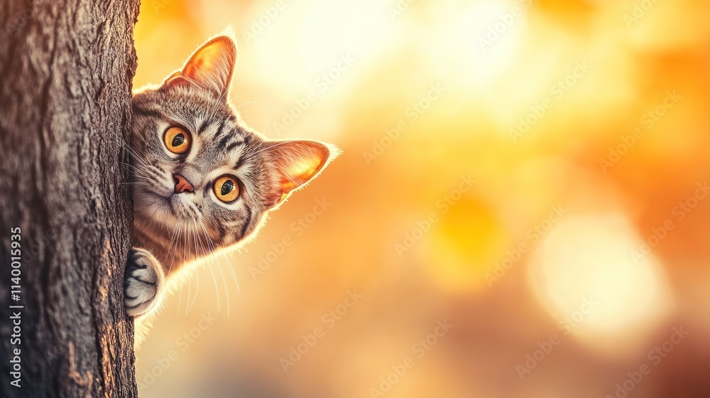 Poster a curious cat peeking from behind a tree, set against a warm, blurred background.