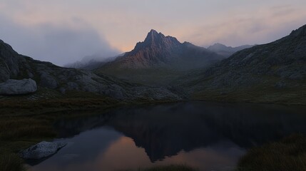 Fototapeta premium A majestic mountain peak reflects in a still lake, with a soft, pink-tinged sky in the background.