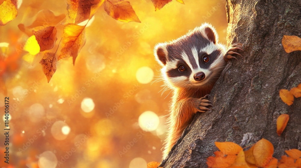 Poster a raccoon peeks from behind a tree, surrounded by autumn leaves and warm bokeh light.