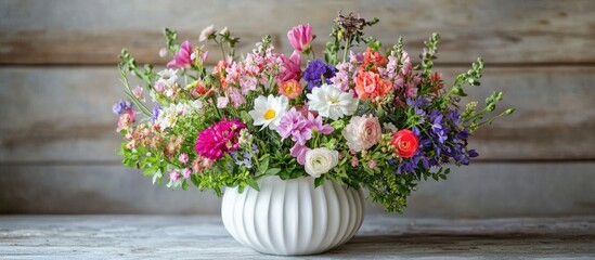 Spring flower bouquet in white vase on vintage wooden surface with soft focus background showcasing vibrant colors and natural beauty
