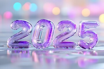 3D purple text 2025 in the style of fluid organic shapes, with rounded edges, blur background