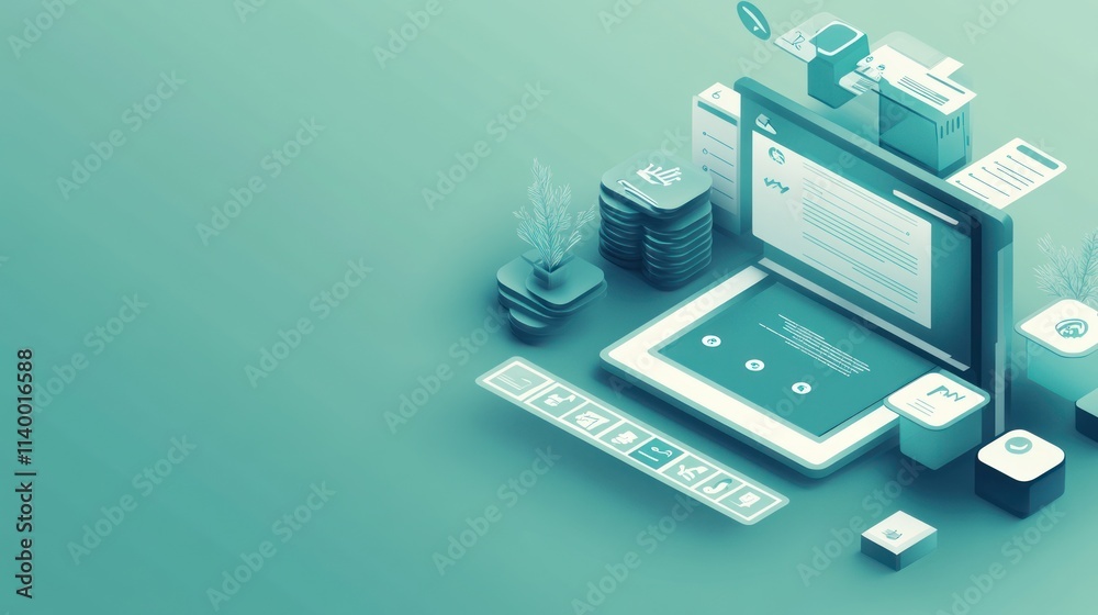 Poster digital workspace illustration featuring a laptop and various tech elements.